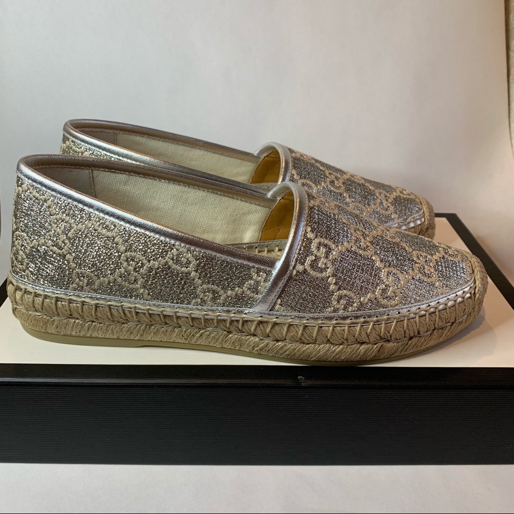 GUCCI lami nappa GG monogram espadrilles silver-beige | 37.5